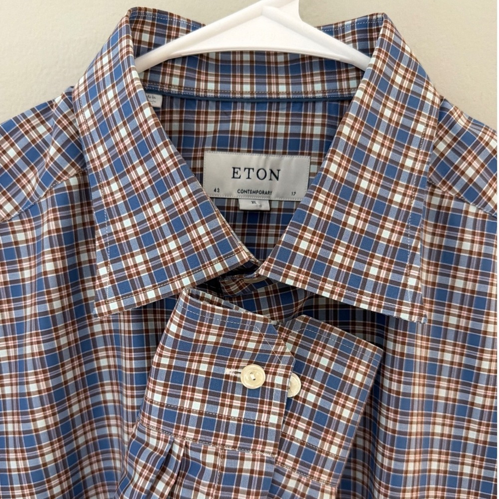Eton Contemporary Fit Mens XL Blue Brown Plaid Cotton Dress Shirt 17 43‎ Romania